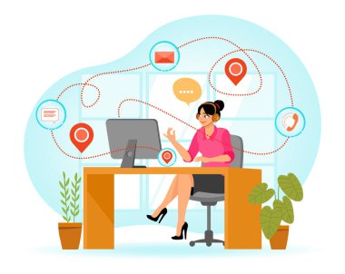 Ofisinde sanal cihazlar ve bağlantılarla müşterilerle iletişim kuran ve onlara cevap veren bir kadın. İletişim ve lokasyon pimlerini gösteren sembollerle çevrili. Konsept ile bağlantı kur.