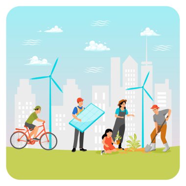 Kentsel ortamlardaki bireyler bisiklet sürmek, bitki yetiştirmek ve yenilenebilir enerji kullanmak gibi sürdürülebilir yaşam ve ekolojik farkındalığı teşvik ediyor. Sürdürülebilir enerji kavramı.