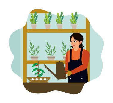 Bir kadın boş zamanlarını evde geçirmekten hoşlanır. Evin balkonundaki raflarda çiçekleri sulayan genç bir kadın..