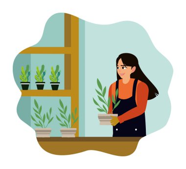 Bir kadın boş zamanlarını evde bahçe işleriyle geçirir. Kadın raflardaki çiçeklerle ilgileniyor..