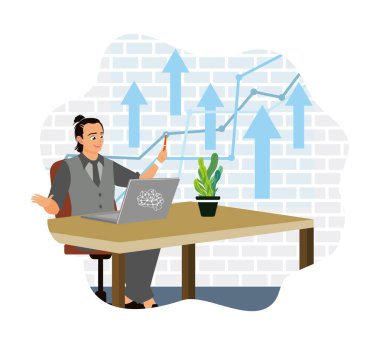 Yetenek ve kişisel gelişim kavramı. Bir çalışan, bilgisayardaki büyüme çizelgelerini analiz eder.