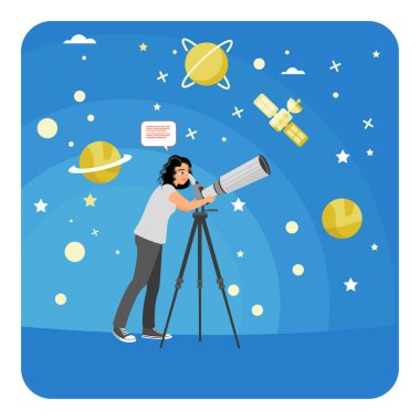 Gezegenler ve yıldızlarla çevrili uzaydaki gök cisimlerini keşfetmek için teleskop kullanan genç bir kadın. Kuantum bilgisayar kavramı.
