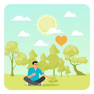 Doğada oturan bir adam canlı bir ormanda küçük bir fidanla ilgileniyor. Bakımın, çevrenin korunmasının ve doğaya olan sevginin sembolü. İklim değişikliği kavramı.