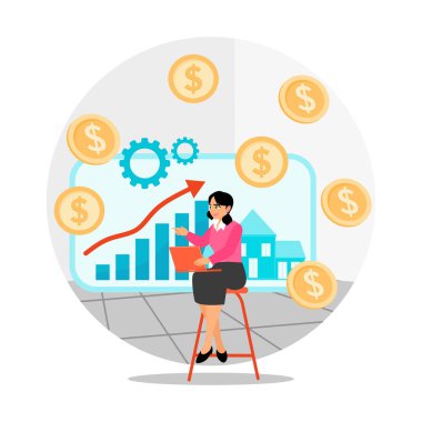 Bir Kadın Emlak Geliştirme Eğilimleri ve Kârlarını Analiz Etmek İçin Dizüstü Bilgisayar Kullanıyor. İçinde diyagramlar, para sembolleri ve vitesler var. Emlak komisyoncusu kavramı.