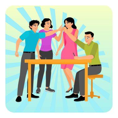Bir grup öğrenci bir masanın etrafında takım çalışmasını, işbirliği ve başarıyı simgeleyen bir kutlama beşliği paylaşıyor. Öğrenciler konsepti yansıtıyor.