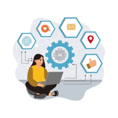 Otomatik algoritma soyut kavramı. Bir kadın pazarlamayı geliştirmek için arayüz zeka teknolojisi kullanır..