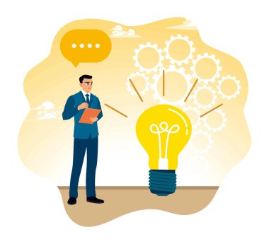 Beyin aktivitesi soyut bir kavram. Bir girişimci, konuşma baloncukları ve teçhizatlarla fikirler bulur..