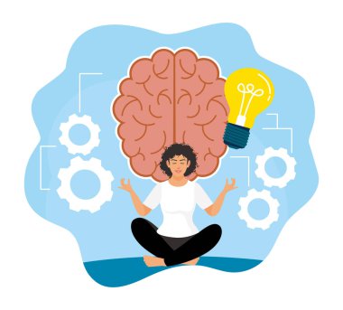 Beyin aktivitesi problem çözme, düşünme ve hayal gücü. Meditasyon yapan bir kadın hayattaki farkındalığı ve dengeyi temsil eder..