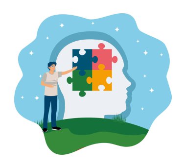 Beyin aktivitesi problem çözme, düşünme ve hayal gücü. Bir bulmacayı bir araya getiren bir adam bir sorunu çözerken tasvir eder..