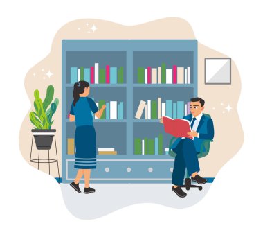 İnsanlar kütüphanede kitap okuyor. Erkekler kitap okuyor ve kadınlar kitaplıklardan kitap seçiyor..