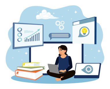 Modern bir çalışma alanında teknoloji ve grafikle çalışan genç profesyoneller. Bir kadın dizüstü bilgisayar ve kitapla çalışır..