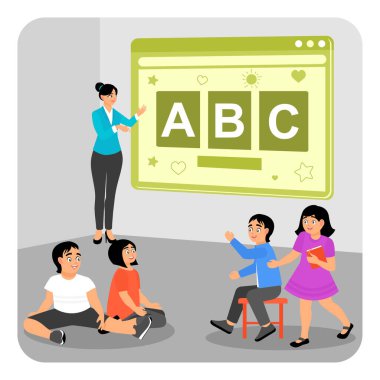 Bir öğretmen çocuklara alfabeyi dijital ekranla sınıftaki ilginç egzersizlerle tanımayı öğretir. Akıllı sınıf teknolojisi kavramı.