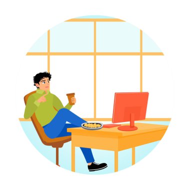 Genç bir adam bilgisayarını kullanırken masasında atıştırmalık ve kahveyle rahatlarken görülüyor. İnsanlar yeme konsepti.