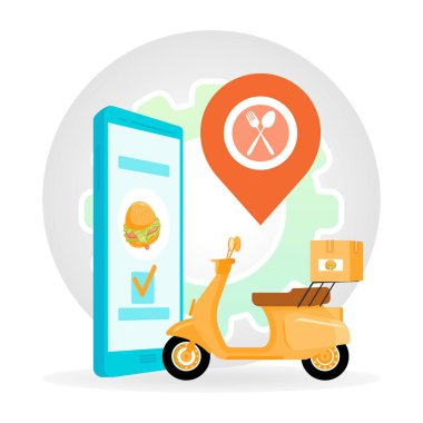 Akıllı telefon uygulama arayüzü, teslimat scooter 'ı ve yer belirleyicisi olan yemek teslimatı. Talep üzerine hizmet ve restoran teslimatı için ideal. Öğle yemeği ve atıştırmalık konsepti..