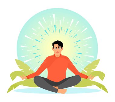 Parlak bir geçmişi olan yeşil yaprakların arasında meditasyon yapan biri. Pozitif ve iç huzuru sembolize ediyor. Ruh sağlığı konsepti.