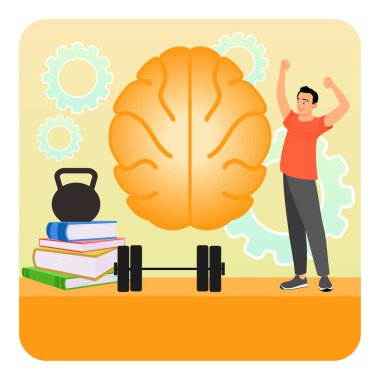 Öğrenme, egzersiz ve pozitif enerji vasıtasıyla zihinsel zindeliği geliştirmek. İçinde beyinler, ders kitapları, çaydanlıklar ve mutlu bireyler var. Zihinsel ve fiziksel sağlık tedavisi kavramı.