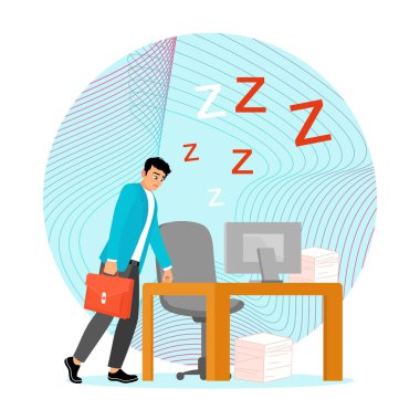 Evrak çantalı uykusuz ve yorgun bir işadamı ofisteki masaya yaklaşıyor. Stres yönetimi kavramı.