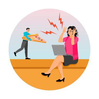 İşteki stresli bir kadın, elinde büyük boy pizza olan oyuncu bir iş arkadaşından dikkat dağıtıcı şeylerle karşı karşıya. İşyeri kesintilerini sembolize ediyor. Stres kavramı.