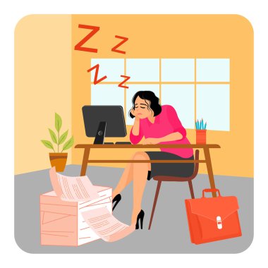Uykusuz bir ofis çalışanı, görünüşe göre görevleri yüzünden bunalmış, masasında uyuyakalıyor, bilgisayarını ve ekipmanlarını onun etrafında gezdirip duruyor. Stres yönetimi kavramı.