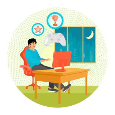 Genç bir adam, geceleri elinde joystick ile bilgisayarda oyun oynamaya, ödül ikonlarıyla bir masada oturmaya bağımlıdır. Oyunda dikkat dağıtma ve bağımlılık anlamına geliyor. Dijital aşırı yükleme kavramı.