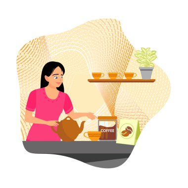 Neşeli bir kadın sıcak bir mutfakta kahve dolduruyor. Yanında da kahve makinesi ve fincanı var. Sıcaklık ve misafirperver bir atmosferle çevrili. Sabah kahve konsepti.
