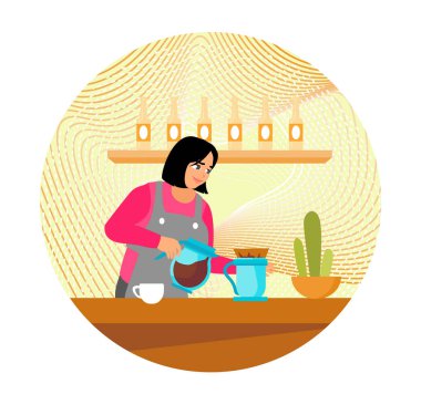 Bir barista şık bir kafedeki çaydanlıktan kahve doldurur. Dekoratif unsurlar ve rahat atmosfer içecek ve konukseverlik teması için idealdir. Özel kahve konsepti..