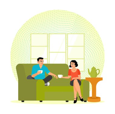 Bir adam ve bir kadın kanepede oturuyor, çay içiyor ve rahat bir oturma odasında sohbet ediyorlar. Tuhaf bir çay seti rahatlatıcı atmosfere katkı sağlar. Sıcak içecek kavramı olan insanlar..