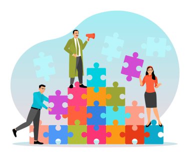 Renkli yapboz parçaları ve birleşik bir yapıya katkıda bulunan bireyler aracılığıyla takım çalışması ve işbirliği. İş konsepti.