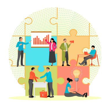 Takım işbirliği ve iş planlaması bulmaca parçaları ve grafiklerle resmedilmiştir. Takım çalışması, yaratıcılık ve iş başarısı analizi. İş konsepti.