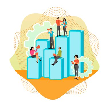 Takım çalışmasını sembolize eden bar grafikleri ve viteslerle uğraşan bir takım. İş, veri analizi ve proje işbirliği için ideal. İş konsepti.