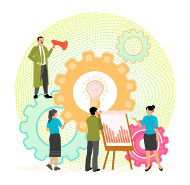 Yenilikçilik, stratejik planlama ve yaratıcı fikirlere odaklanan bir iş ekibi. Dişlilerin, grafiklerin ve takım çalışmalarının dinamik görselleri tarafından temsil ediliyor. İş konsepti.