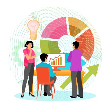 Çizelgeler, takım çalışması ve yenilik konseptiyle ilgili bir iş görüşmesi. İlerlemeyi analiz eden, veri analizi ve strateji planlamasını temsil eden bir grup. İş konsepti.