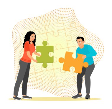 Yapboz parçalarını birleştiren iki birey. Takım çalışmasını, işbirliğini ve problem çözmeyi sembolize ediyor. İş konsepti.