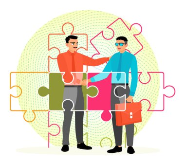 Birbirine bağlı yapboz parçaları arasında el sıkışan iki profesyonel tarafından takım çalışması ve ortaklık. İş konsepti.