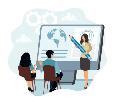 İnteraktif öğrenme soyut kavramı. Bayan öğretmen öğrencilere açıklama yapmak için etkileşimli dijital beyaz tahta kullanır.