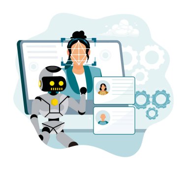 Yüz tanıma ve etkili bilgisayar teknolojisi kavramı. Genç bir kadının yüzünü tanımlayan kişisel bilgilerin veritabanı.