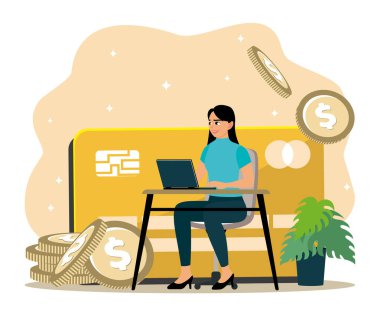 Dijital işlemler, plastik para. Genç bir kadın kredi kartıyla online ödeme yapıyor..