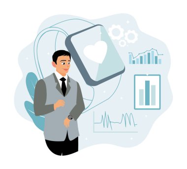 Sağlık kontrolü teknolojisi kavramı. Bir adam sağlığını akıllı bir saatle takip eder..