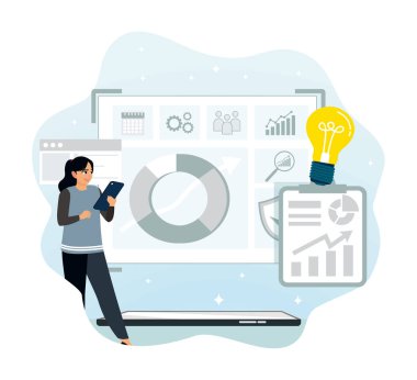 Rekabetçi zeka soyut kavramı. Profesyonel iş adamları bilgisayar yazılımı kullanarak pazar araştırma stratejilerini analiz ederler..