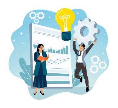 Stratejik iş planlaması soyut bir kavram. İş adamları birlikte çalışır, verileri analiz eder ve hedeflere ulaşmak için fikirlerini paylaşırlar..