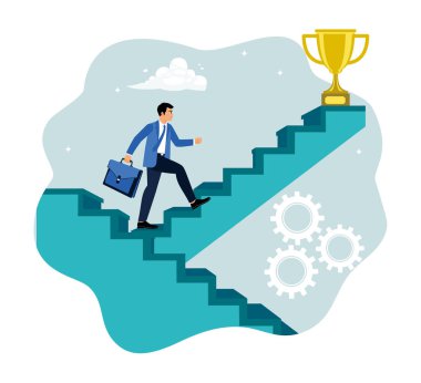 İş büyümesi soyut bir kavram. İş adamı üst kattaki kupaya doğru merdivenlerden çıkar..