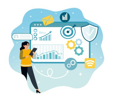 Stratejik iş planlama dijital pazarlama. İş kadını dijital grafik ve grafiklerle veri analiz ediyor.