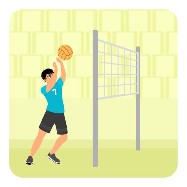 Numaralı forma giyen bir erkek sporcu bir spor sahasında voleybol bloğu hareketi yapıyor. Sporu ve beceriyi vurguluyor. Farklı fiziksel aktiviteler spor kavramları yapar..