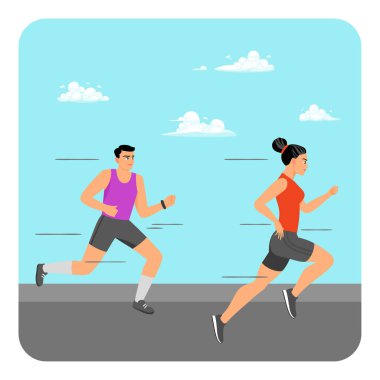 Güneşli bir günde dışarıda kardiyo egzersizi yaparken birlikte koşan iki kişi. Fiziksel uygunluğu, sağlığı ve aktif yaşam tarzını geliştiriyor. Farklı fiziksel aktiviteler spor kavramları yapar..