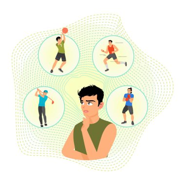 Genç bir adam basketbol, koşu, boks ve golf gibi çeşitli sporlar arasında seçim yapar. Karar verme ve sağlıklı bir yaşam tarzı. Farklı fiziksel aktiviteler spor kavramları yapar..