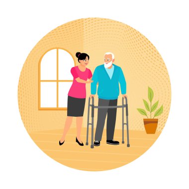 Yürüteç kullanan engelli yaşlı bir erkek hastayı tedavi eden bir terapist. Şefkat, ilgi ve destek göstergesi. Ortopedik terapi rehabilitasyon konsepti olan insanlar..