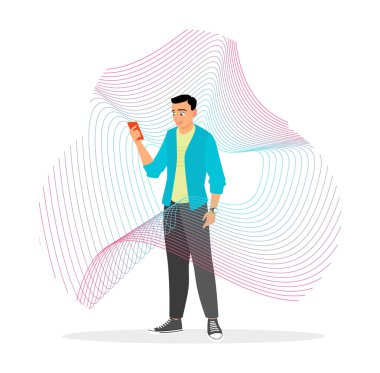 Akıllı telefon tutan genç bir adam soyut bir dalga desenine karşı duruyor. Modern teknoloji ve yaratıcılığı gösteriyor. Akıllı telefon kavramını elinde tutan insanlar.