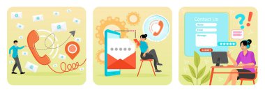 Telefon, e-posta ve lokasyon şifresi gibi ikonları olan bir adam. Dijital cihazlarla modern iletişime giriliyor. Bilgisayar kullanan bir müşteri hizmetleri temsilcisi. Konsept ile bağlantı kur.