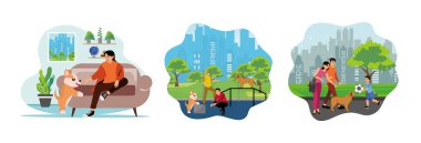 Evcil hayvanla oynuyordum. Köpek eğitim merkezinde köpek eğiten adam. Baba, anne ve oğul evcil köpeklerini parka oynamaya götürüyorlar..