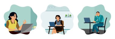 Yaratıcılık krizi. Bilgisayarın önünde çalışan bir iş kadını. Kadın girişimciler ofis masalarında dizüstü bilgisayarlar üzerinde çalışırken stres ve yorgunluk yaşıyorlar.